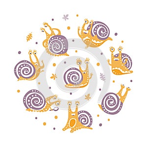 Cute Snail Character as Gastropod with Purple Coiled Shell in Circle Vector Arrangement