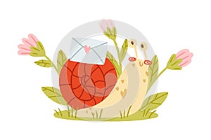 Cute Snail Character with Coiled Shell Carrying Letter Envelope on Its Back Crawling on the Grass Vector Illustration