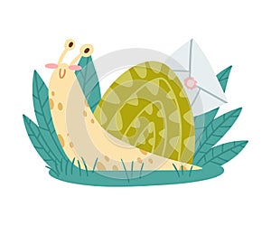 Cute Snail Character with Coiled Shell Carrying Letter Envelope on Its Back Crawling on the Grass Vector Illustration