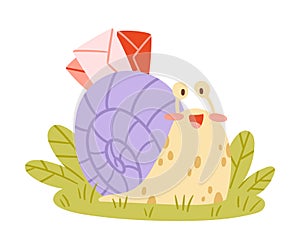 Cute Snail Character with Coiled Shell Carrying Letter Envelope on Its Back Crawling on the Grass Vector Illustration