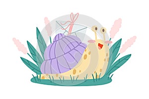 Cute Snail Character with Coiled Shell Carrying Letter Envelope on Its Back Crawling on the Grass Vector Illustration