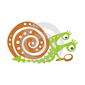 Cute snail character with magnifying glass, funny mollusk colorful hand drawn vector Illustration