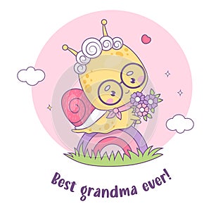 Cute snail elderly lady granny with flowers on rainbow. Happy insect character old woman with gray-haired hairstyle