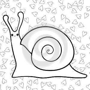 Cute snail hand drawn coloring page with hearts on background