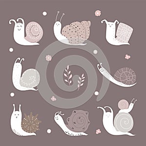 Cute snail set. Drawn vector illustration.