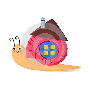 Cute snail with a smile and his house with a window. bright vector