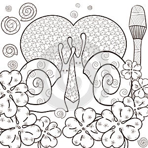 Cute snails adult coloring book page. Vector illustration.