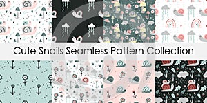 Cute snails seamless pattern. Hand dawn garden characters with botanical elements, pastel colors, baby decor, kids nursery and