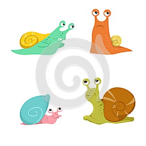 Cute snails set. Different snail-paced slugs, funny snail characters collection.