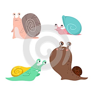 Cute snails set. Different snail-paced slugs. Young and old, strong and running. Funny snail characters collection.