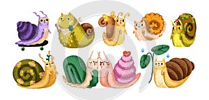 Cute snails set. Funny slow slugs. Slimy animals, happy kawaii baby characters. Adorable comic helix fauna, gastropods