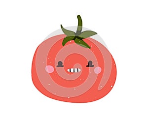 Cute sneaky tomato character. Funny sly food plotting, scheming, thinking smth. Comic vegetable emotion, cunning