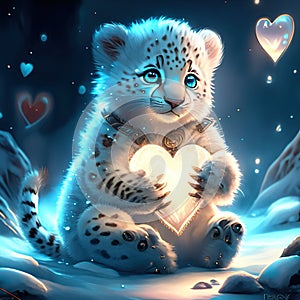 Cute Snow Leopard Cub hugging heart Hand drawn illustration of a white tiger cub sitting in the snow and holding a heart.