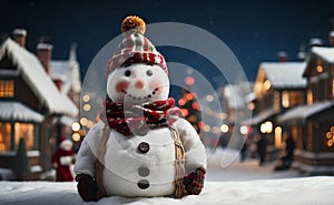 A cute snow man with Christmas village background