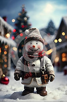A cute snow man with Christmas village background