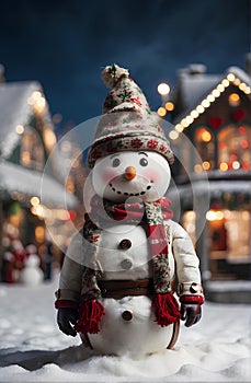 A cute snow man with Christmas village background