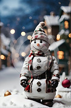 A cute snow man with Christmas village background