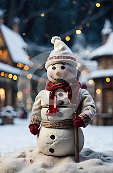 A cute snow man with Christmas village background