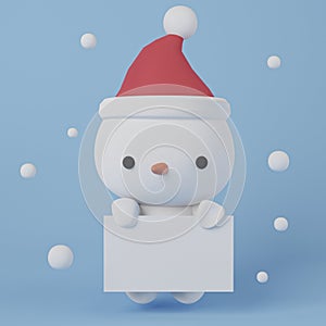 Cute snow man doll character with white blank sheet of paper on pink pastel background. Advertising. Illustration in cartoon style