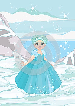 Cute Snow Queen in a winter landscape