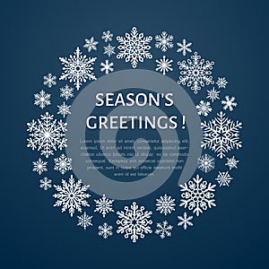 Cute snowflake poster, banner. Seasons greetings. Flat snow icons, snowfall. Nice snowflakes christmas template, cards. New year photo