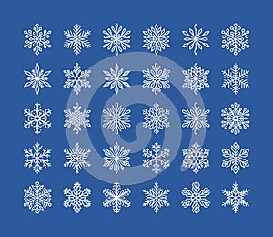 Cute snowflakes collection isolated on white background. Flat line snow icons, snow flakes silhouette. Nice element for