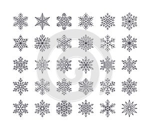 Cute snowflakes collection isolated on white background. Flat line snow icons, snow flakes silhouette. Nice element for