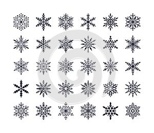 Cute snowflakes collection isolated on white background. Flat snow icons, snow flakes silhouette. Nice element for