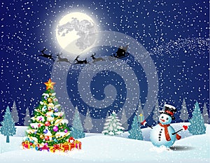 Cute snowman on the background of night sky