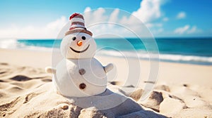 A cute snowman on the beach in bright sunlight, with the sea or ocean in the background. Merry Christmas time, greeting Card.