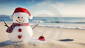 cute snowman on the beach. Christmas and New Year concept. postcard