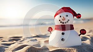 cute snowman on the beach. Christmas and New Year concept. postcard