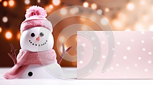 A cute snowman with a blank signboard. Winter holiday banner for Christmas greetings, announcements or promotional text.