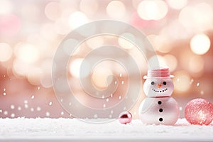 A cute snowman on blurred peach fuzz background. Winter holiday banner for Christmas greetings, announcements or