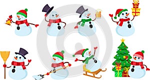 Cute Snowman Cartoon Characters.Vector Flat Design Collection Set