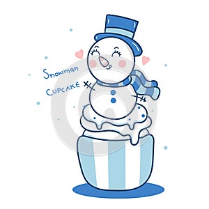 Cute Snowman cupcake vector, Winter muffin cartoon Kawaii sweets: Fabulous fashion fairytale  X mas animal for Christmas invitat