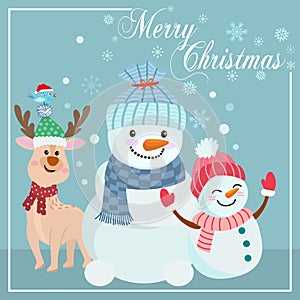 Cute snowman and deer on blue background.