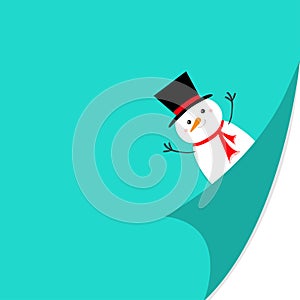 Cute snowman face holding hands up. Red scarf, black hat. Merry Christmas. Fold page corners. Curled paper corner. Cartoon kawaii