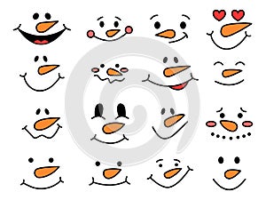 Cute snowman faces - vector collection. Funny snowman emotions. Snowman heads. Vector illustration isolated