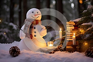 Cute snowman with fairytales books in snowy forest. Generative AI