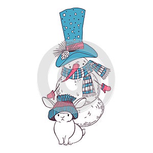 Cute snowman and funny rabbit. Vector. Christmas holiday characters. Perfect for design of cards, invitations, stickers