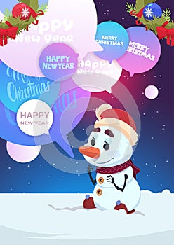 Cute Snowman Greeting With Merry Christmas And Happy New Year Holiday Card With Chat Bubbles Messages