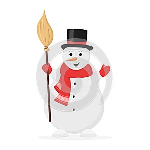 Cute snowman in hat and red scarf with broom.