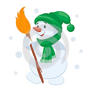 Cute snowman in a hat and scarf with a broom with snowflakes. Christmas illustration, kids print, vector
