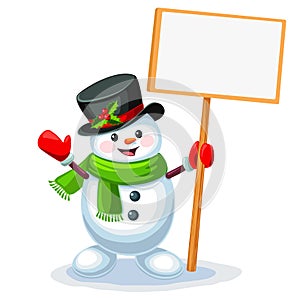 Cute snowman holding a blank sign board with space for message i