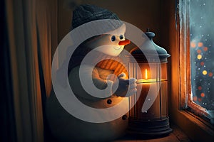 Cute snowman holding candle