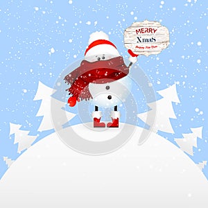 Cute Snowman holds banner Merry Christmas .Christmas Greeting Card