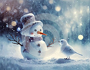 Cute Snowman and little bird on winter background
