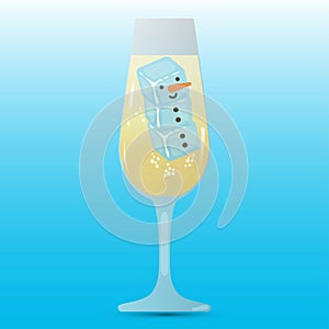 Cute snowman made of ice cubes in a champagne glass