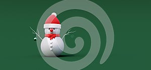 Cute Snowman with red Santa\'s hat on green background. Holidays concept with copy space 3d render